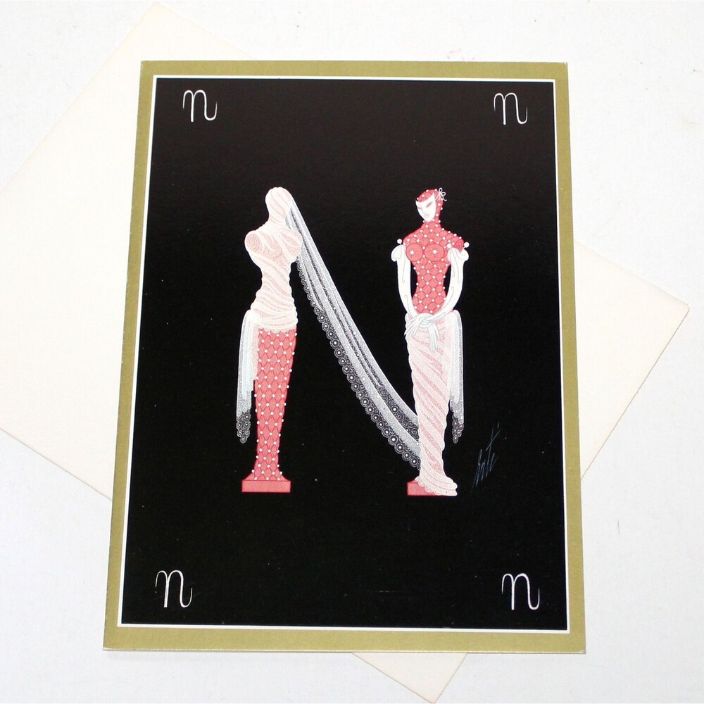 Erte Greeting Card Letter N Vintage blank black gold art vintage